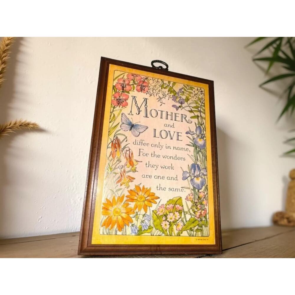 Vintage Hallmark Wood Plaque: Mother Love Floral Botanical Wall Decor Made USA